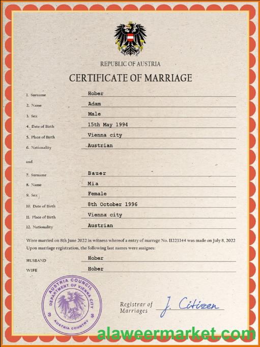 Austria marriage certificate PSD template,